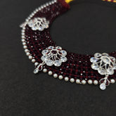 Traditional Red Beaded silver kanthi Necklace with Floral Stone Accents