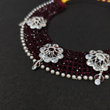 Traditional Red Beaded silver kanthi Necklace with Floral Stone Accents
