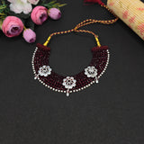 Traditional Red Beaded silver kanthi Necklace with Floral Stone Accents
