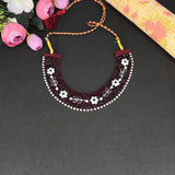 maroon silver piece Beaded kanthi Necklace with Floral Accents and Pearl Border