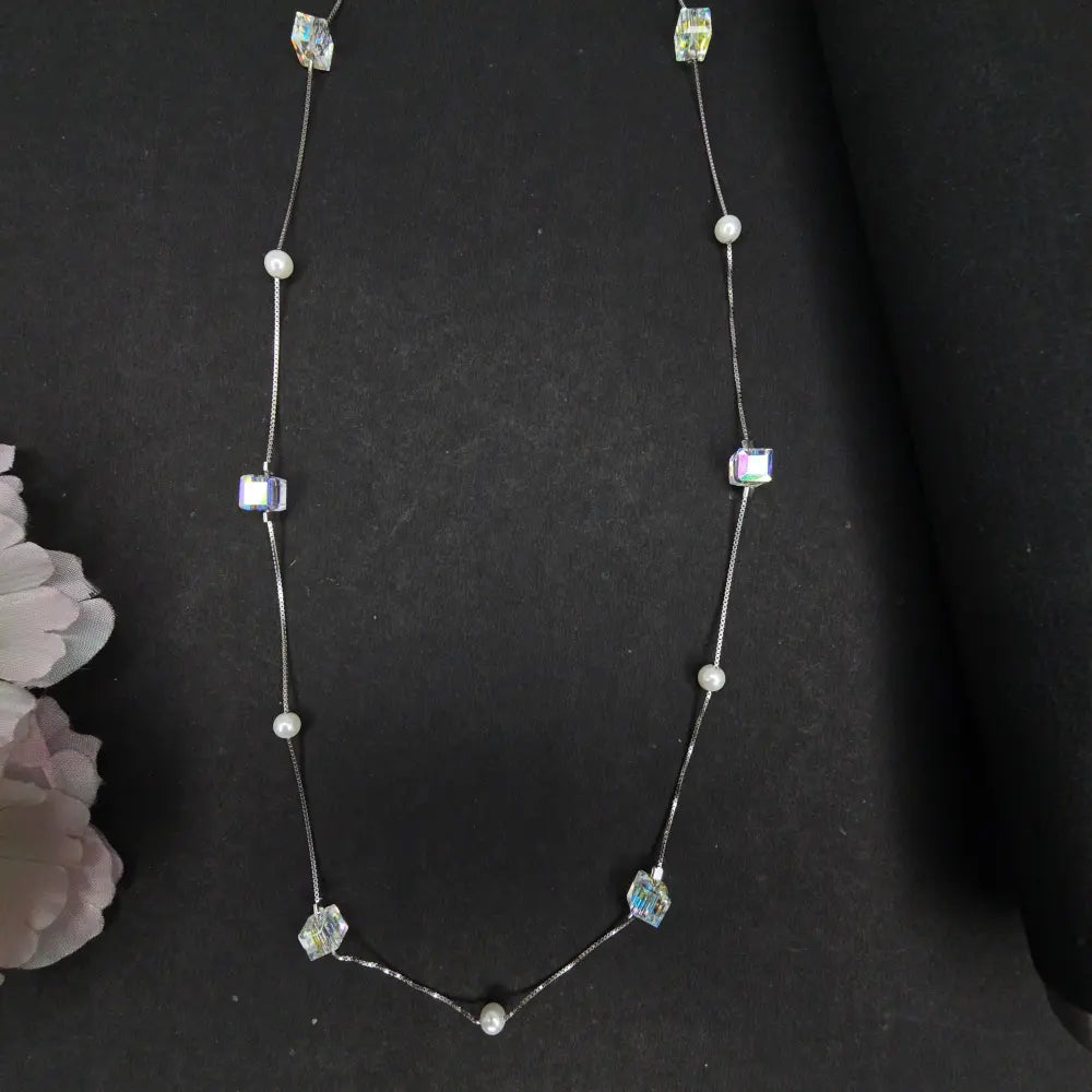 Silver Pearl & Stone Beaded Chain Style Necklace - Silvenca