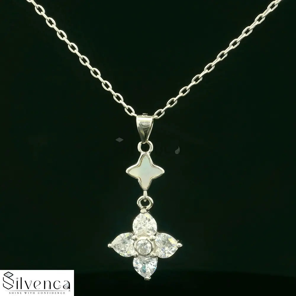 Stone Studded Flower Motif Pendant Set with Silver Beads - Silvenca