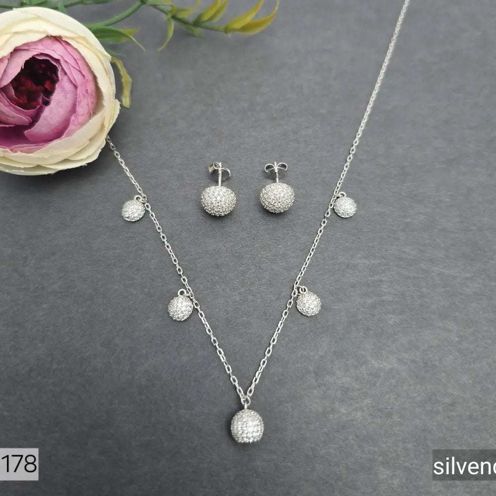 Sterling Silver Rhodium Plated Ball Pendant Earring Necklace Set - Silvenca