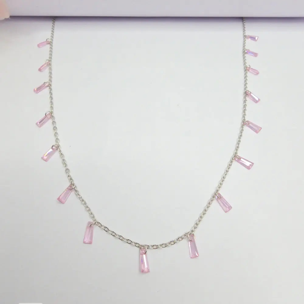Rhodium-Plated Necklace Set with Pastel Pink Stone - Silvenca