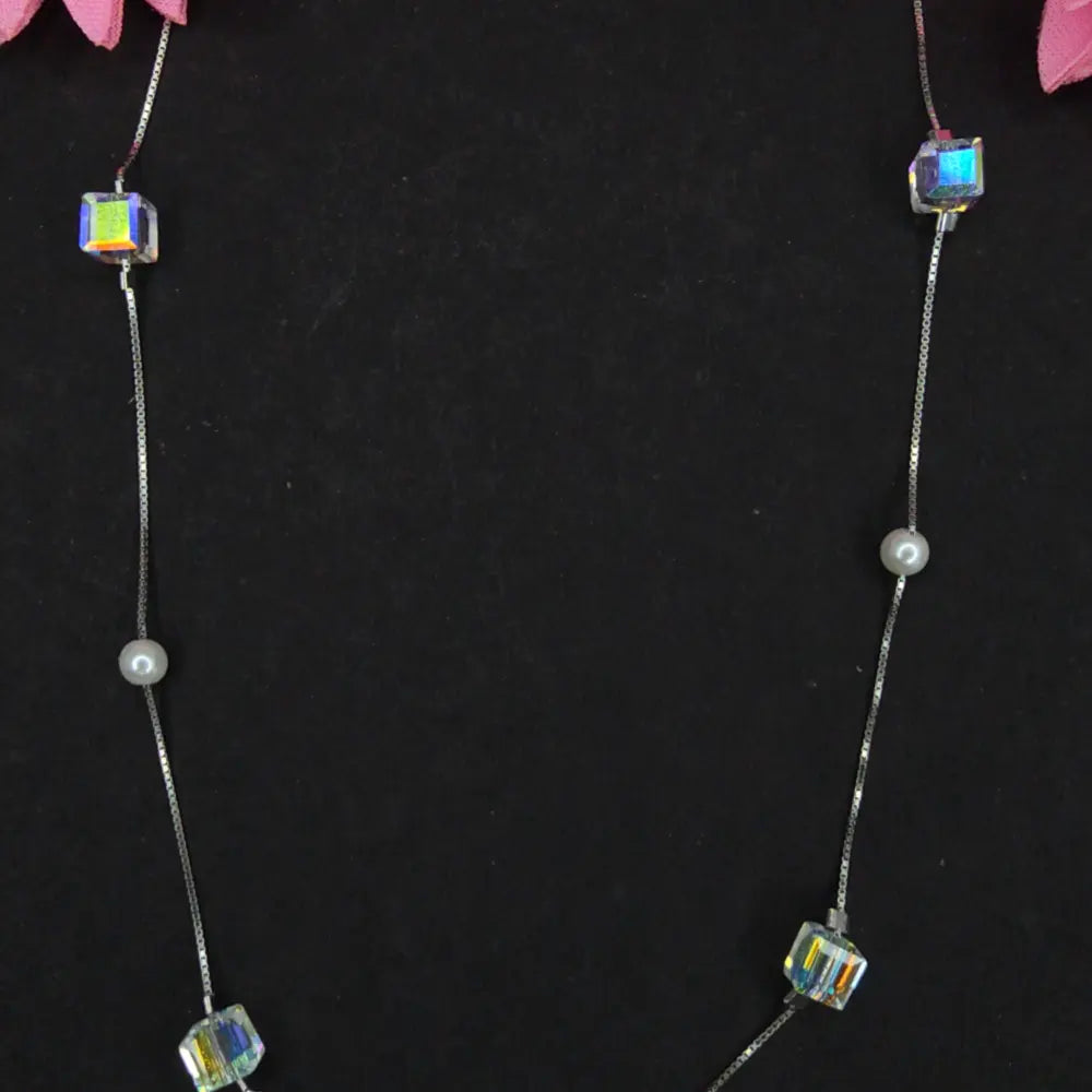 Silver Pearl & Stone Beaded Chain Style Necklace - Silvenca