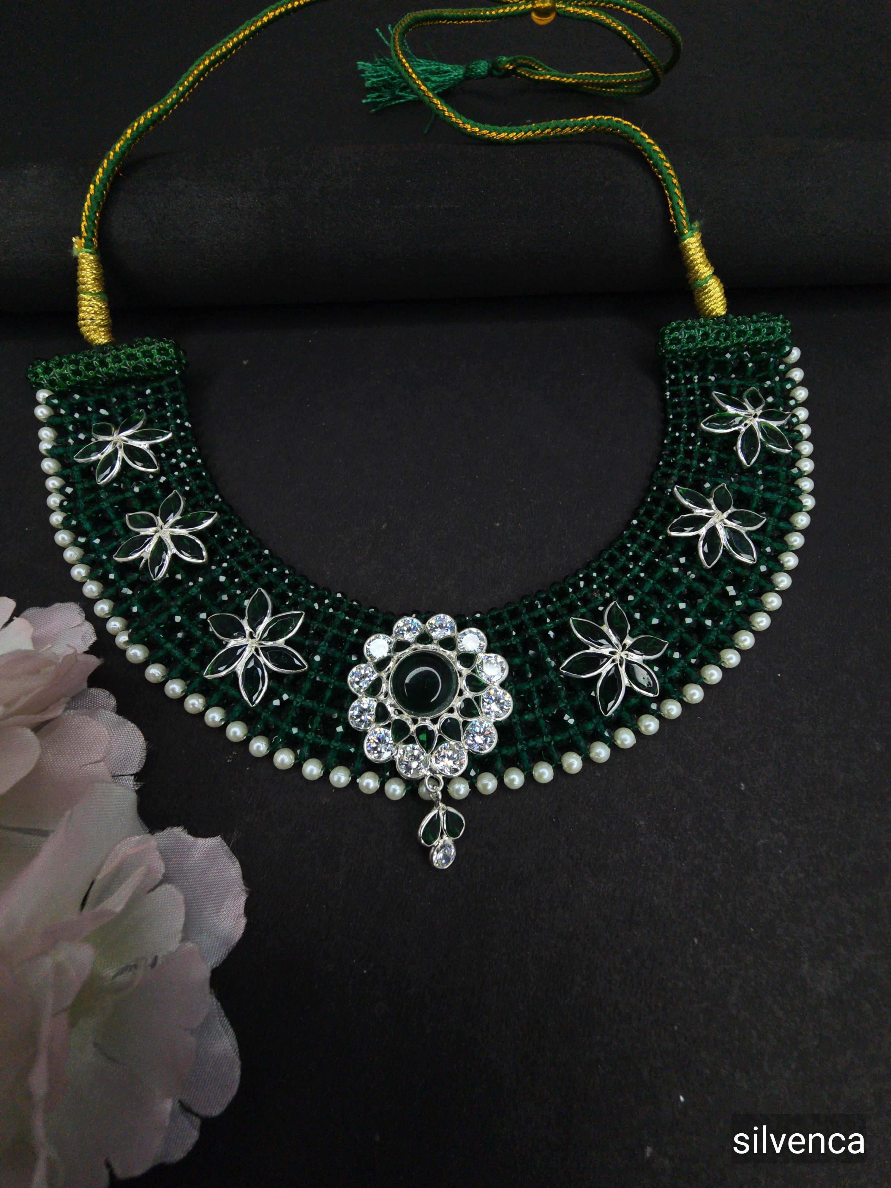 Traditional 925 Pure Silver Green Beaded Necklace - Silvenca