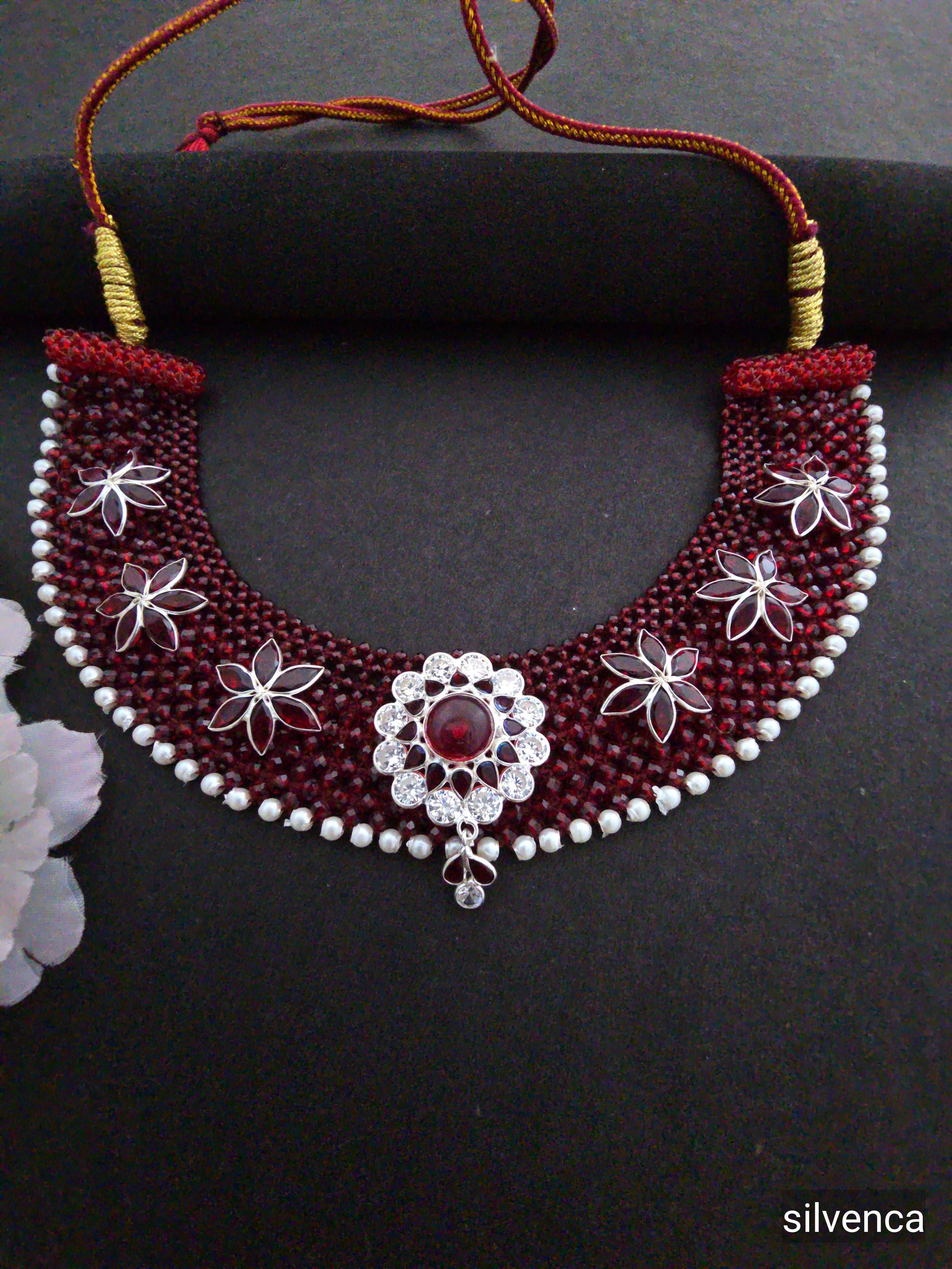 Traditional 925 Pure Silver Green Beaded Necklace - Silvenca